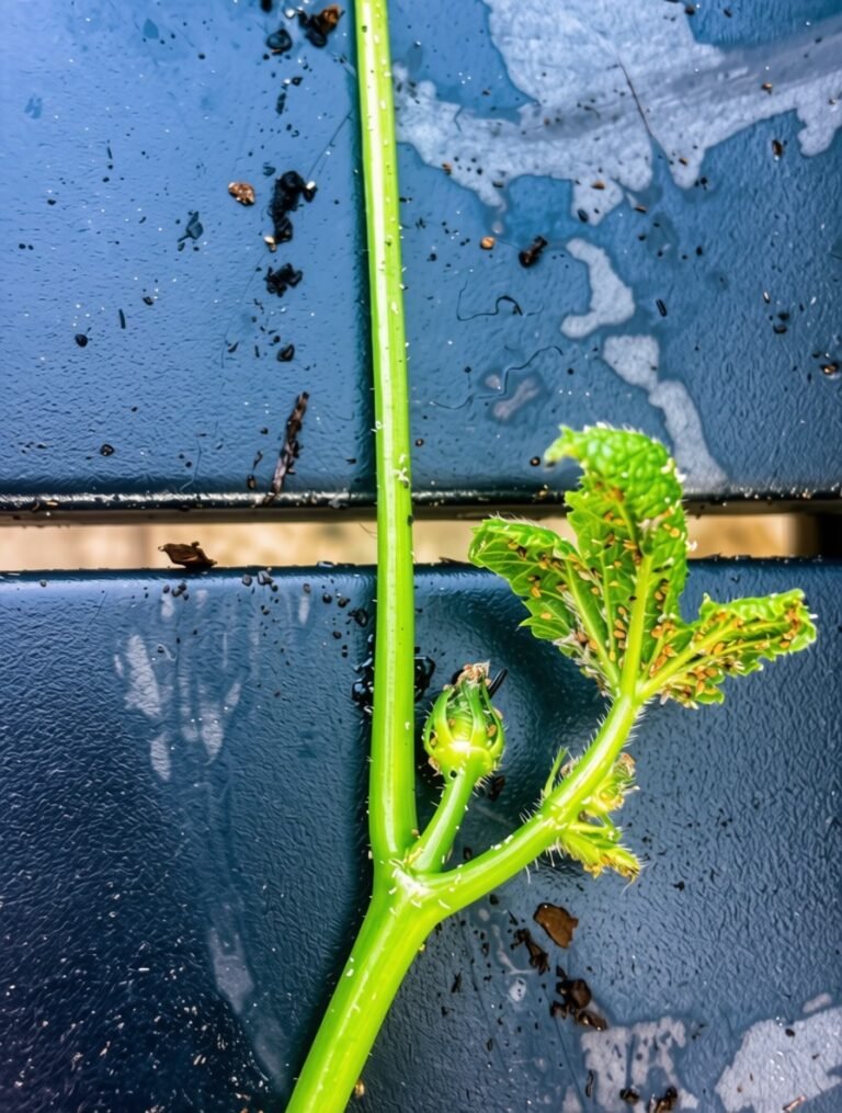 Black aphids on okra leaf underside Green Fingers plant patio garden
